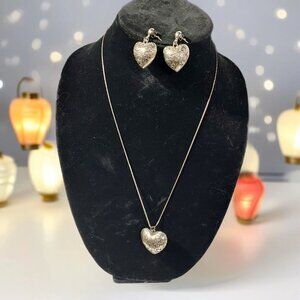 Heart Pendant 80's Tooled Puffed Pewter Silver Color Necklace & Earrings